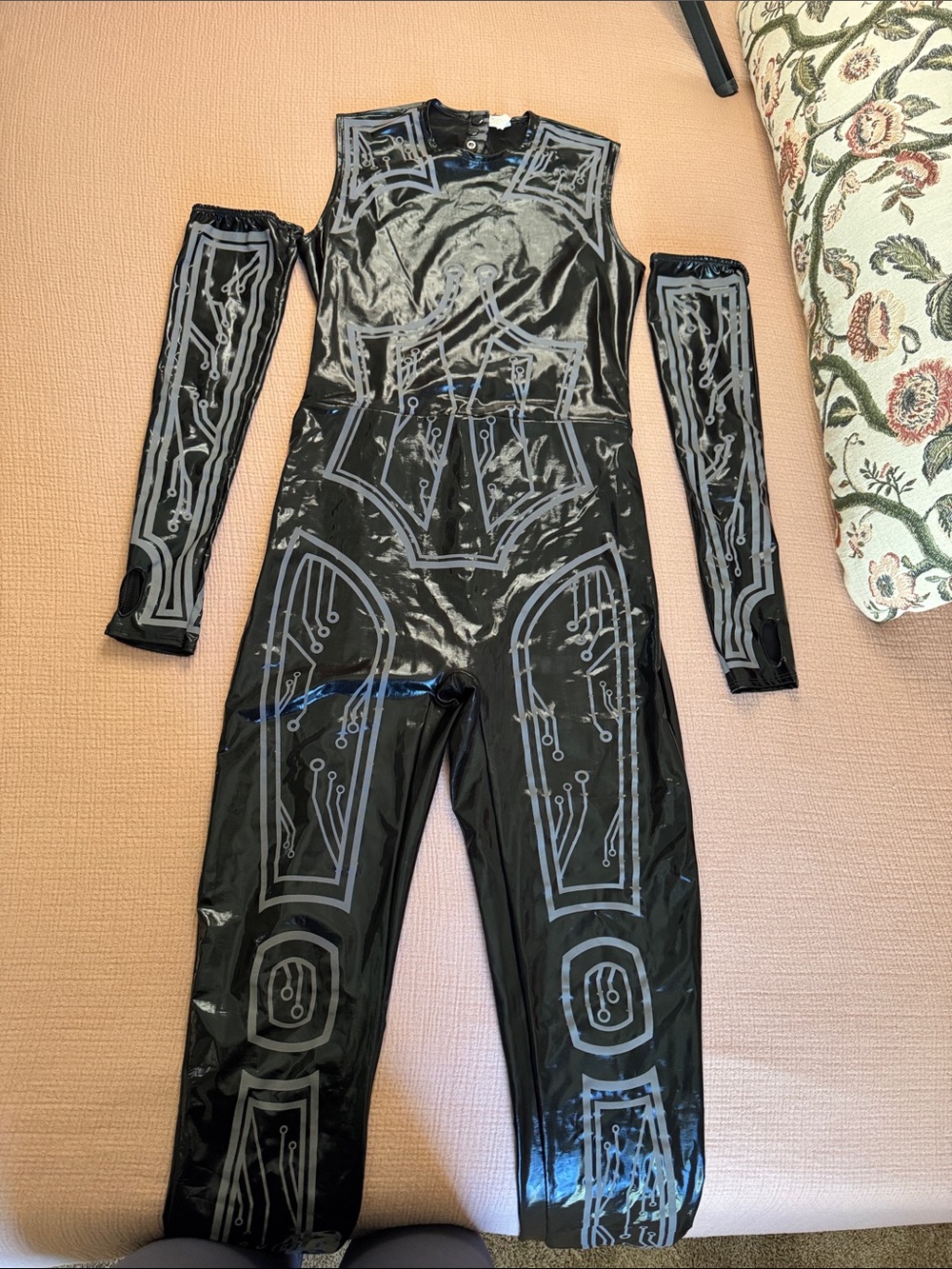 Black Circuit-Print Vinyl Jumpsuit with Sleeves